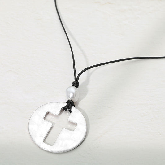 Madeline Love Worn Silver Hammered Brushed Metal Open Cross Medallion Pendant Cord Necklace - Jewelry