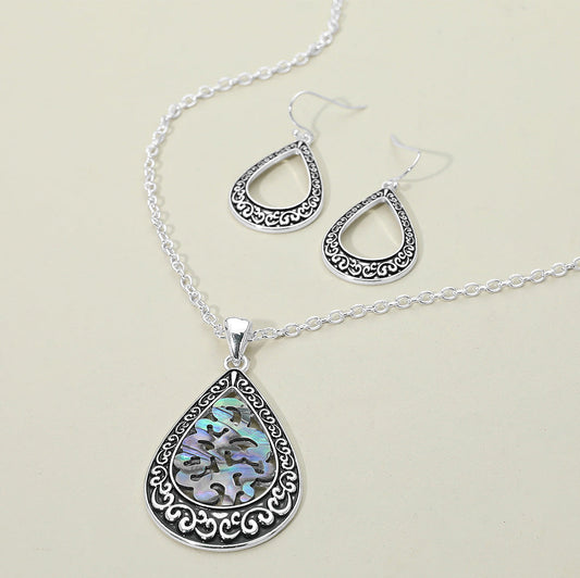 Madeline Love Abalone, Antique Silver Intricate Scrollwork Abalone Teardrop Pendant Necklace - Jewelry
