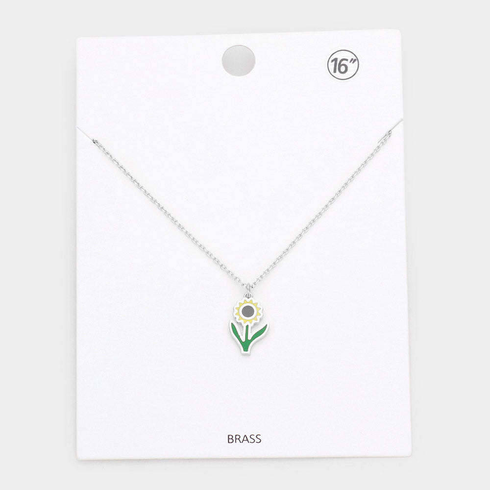 Madeline Love Rhodium Brass Metal Enamel Sunflower Pendant Necklace - Necklaces