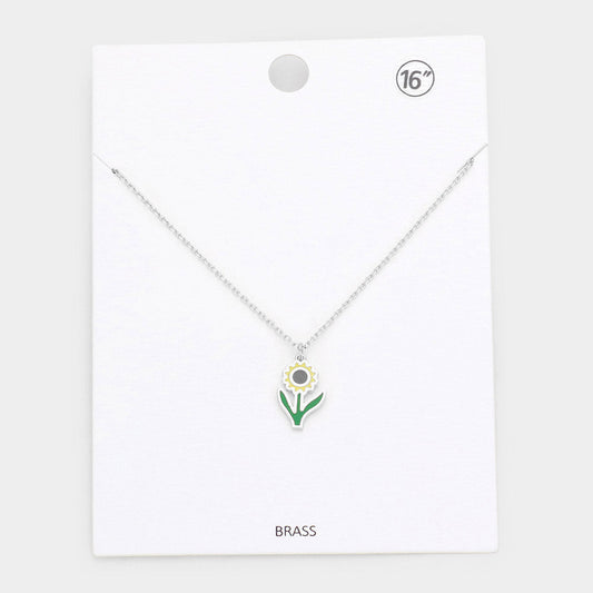 Madeline Love Rhodium Brass Metal Enamel Sunflower Pendant Necklace - Necklaces