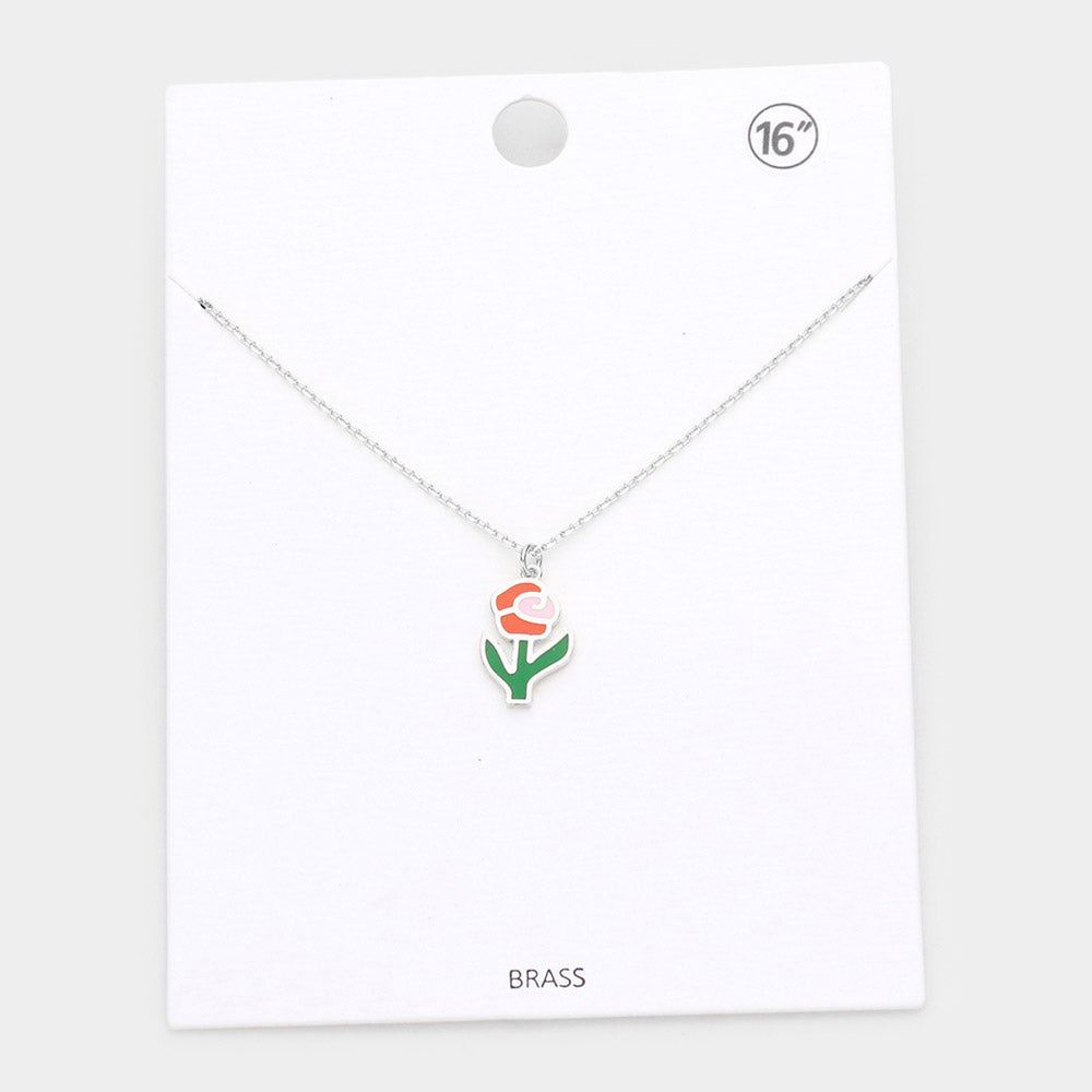 Madeline Love Rhodium Brass Metal Enamel Rose Flower Pendant Necklace - Necklaces