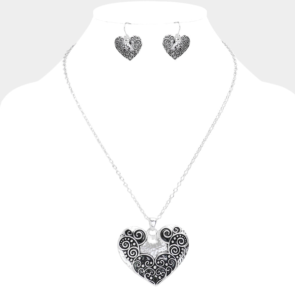 Antique Metal Western Heart Pendant Necklace - Antique Silver - Necklaces