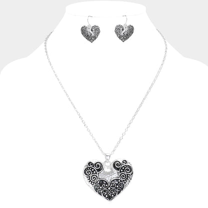 Antique Metal Western Heart Pendant Necklace - Antique Silver - Necklaces