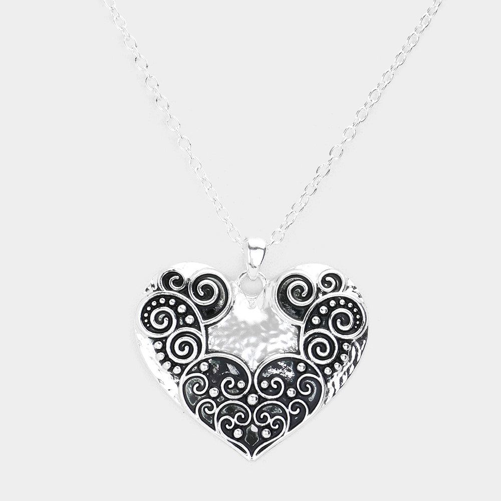 Antique Metal Western Heart Pendant Necklace - Antique Silver - Necklaces