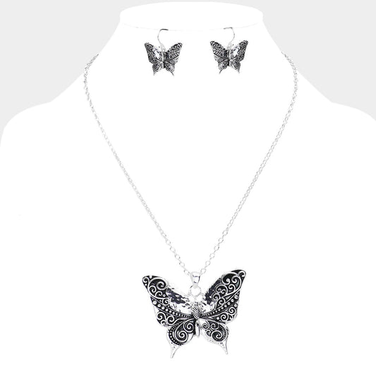 Madeline Love Antique Silver Antique Metal Western Butterfly Pendant Necklace - Necklaces