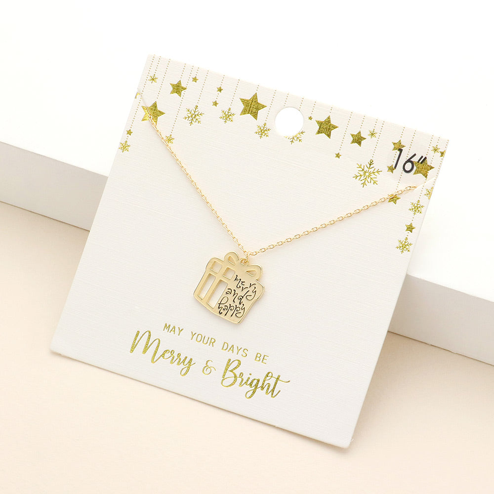 Madeline Love Gold Merry and Happy Message Metal Christmas Gift Pendant Necklace - Necklaces