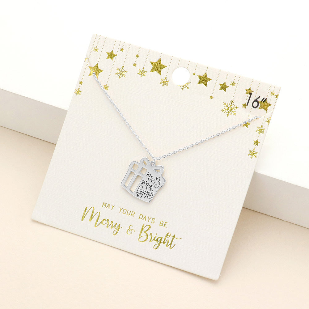 Madeline Love Rhodium Merry and Happy Message Metal Christmas Gift Pendant Necklace - Necklaces