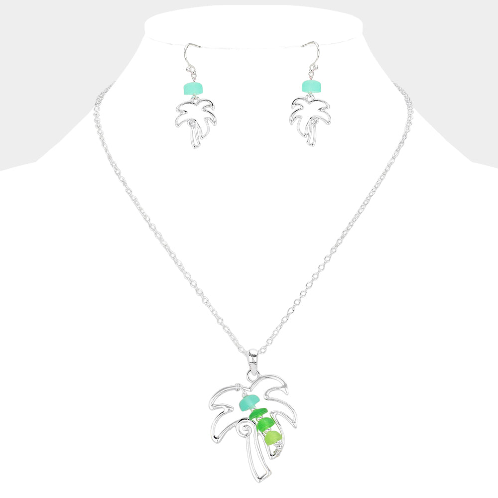 Madeline Love Multi, Silver Bean Beads Accented Metal Wire Palm Tree Pendant Necklace - Jewelry