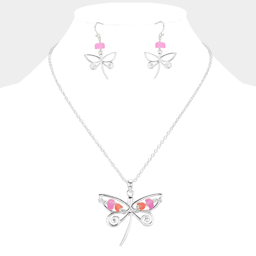 Madeline Love Multi, Silver Bean Beads Accented Metal Wire Dragonfly Turtle Pendant Necklace - Jewelry