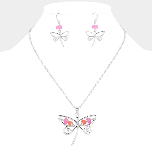 Madeline Love Multi, Silver Bean Beads Accented Metal Wire Dragonfly Turtle Pendant Necklace - Jewelry
