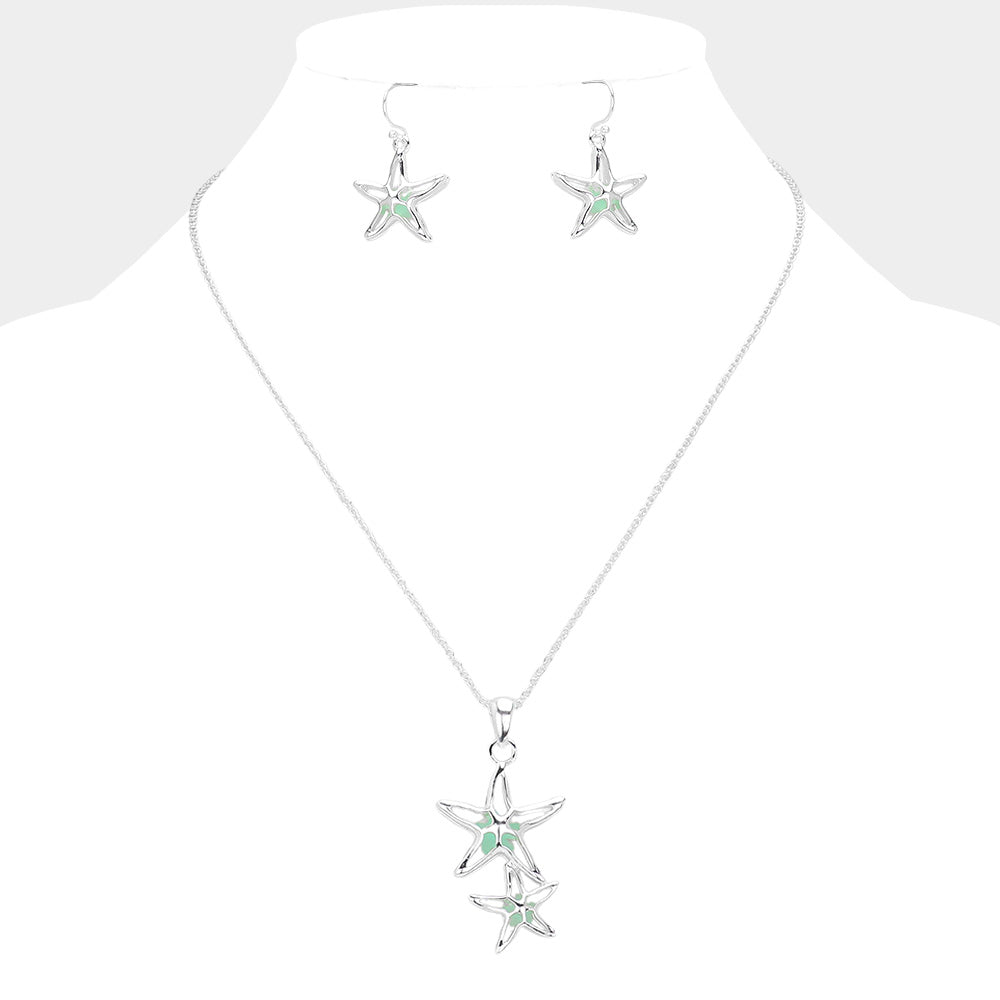 Mint, Silver Double Starfish Pendant Necklace
