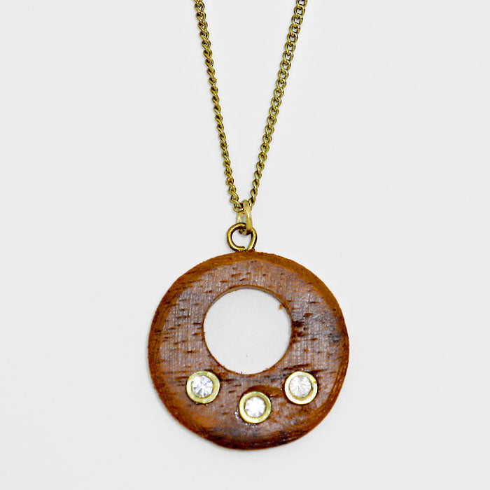 Madeline Love Brown, Clear, Gold Burnished Wood Disc Cutout Pendant Necklace - Jewelry