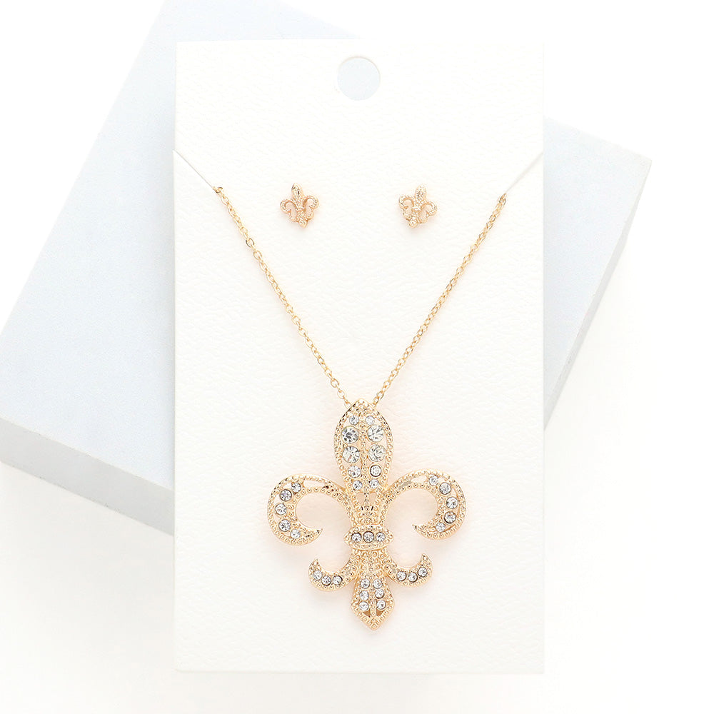 Madeline Love Gold Rhinestone Embellished Fleur de Lis Pendant Necklace - Necklaces