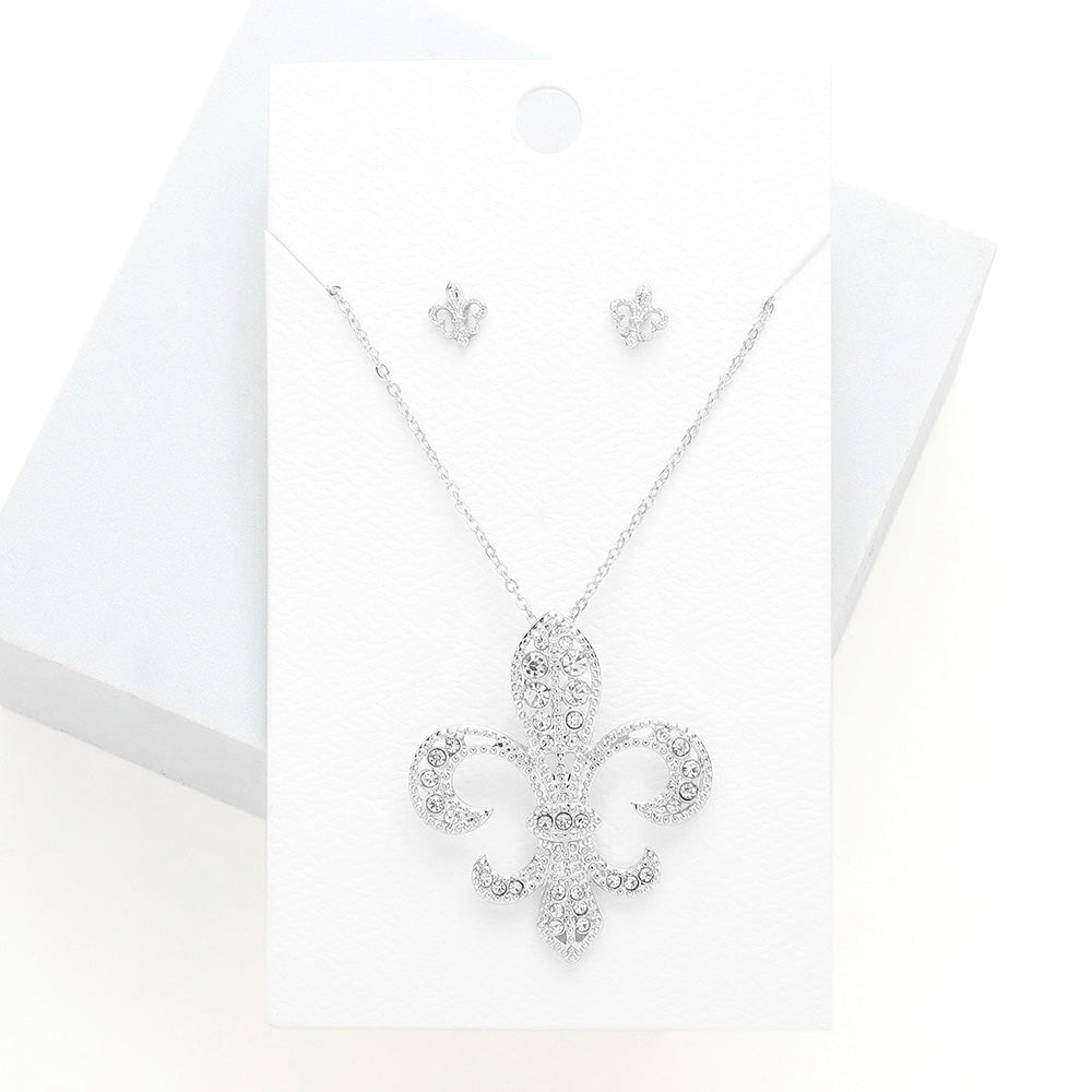 Madeline Love Rhodium Rhinestone Embellished Fleur de Lis Pendant Necklace - Necklaces