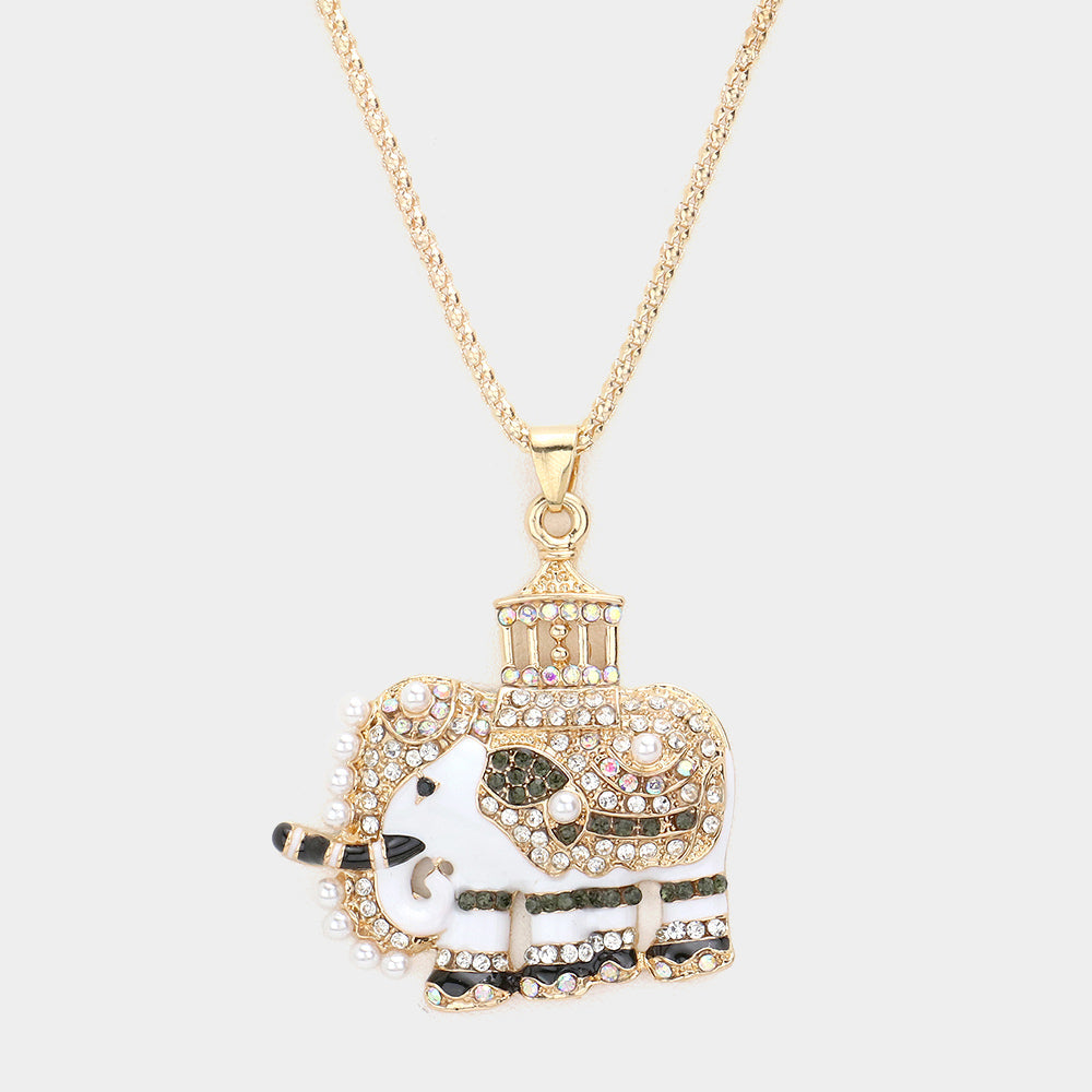 Madeline Love Gold, White Pave Glass Crystal Pearl Accented ELEPHANT Pendant Necklace - Necklaces