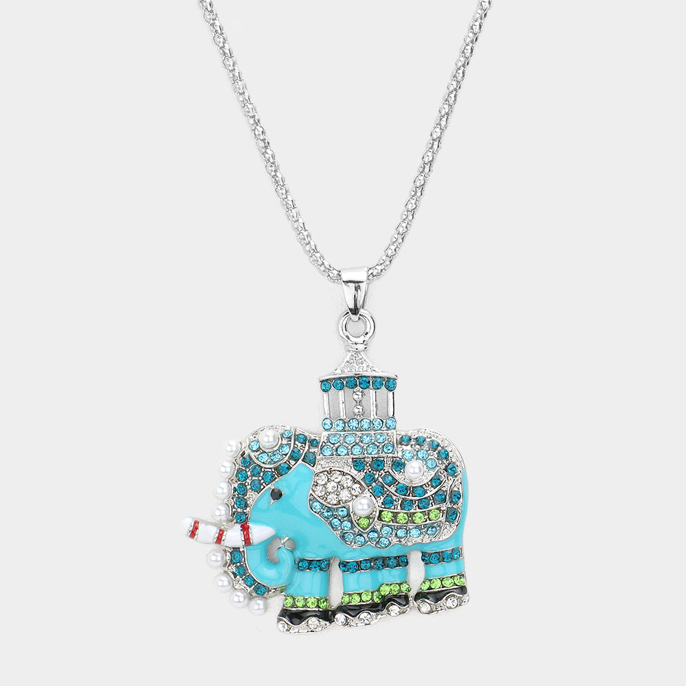 Madeline Love Blue, Rhodium Pave Glass Crystal Pearl Accented ELEPHANT Pendant Necklace - Necklaces
