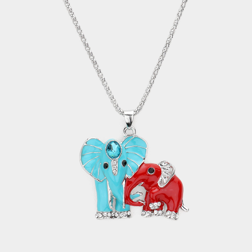 Madeline Love Blue, Red, Rhodium Oval Stone Accented Enamel Elephant Pendant Necklace - Necklaces