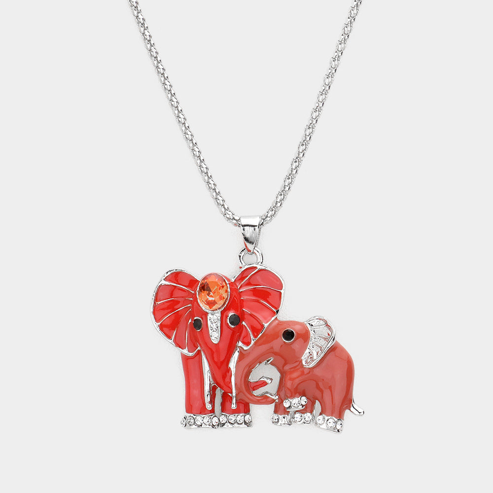 Madeline Love Brown, Orange, Rhodium Oval Stone Accented Enamel Elephant Pendant Necklace - Necklaces