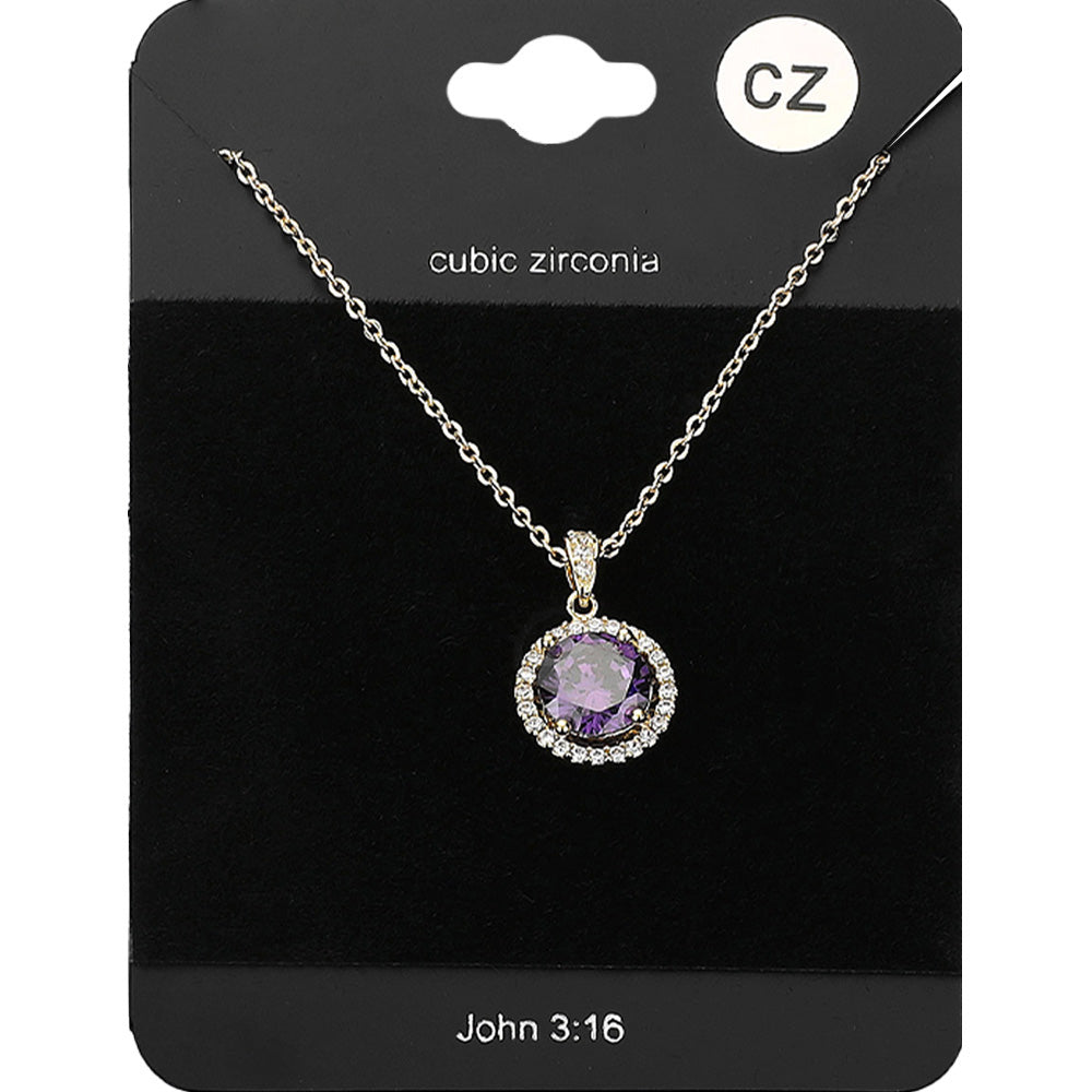 Madeline Love Amethyst , Gold CZ Round Pendant Necklace - Jewelry