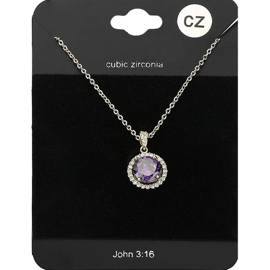 Madeline Love Amethyst , Gold CZ Round Pendant Necklace - Jewelry