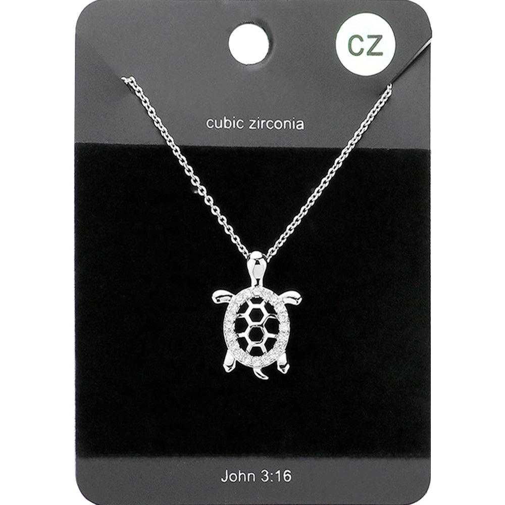 Madeline Love Clear, Rhodium CZ Embellished Metal Turtle Pendant Necklace - Jewelry