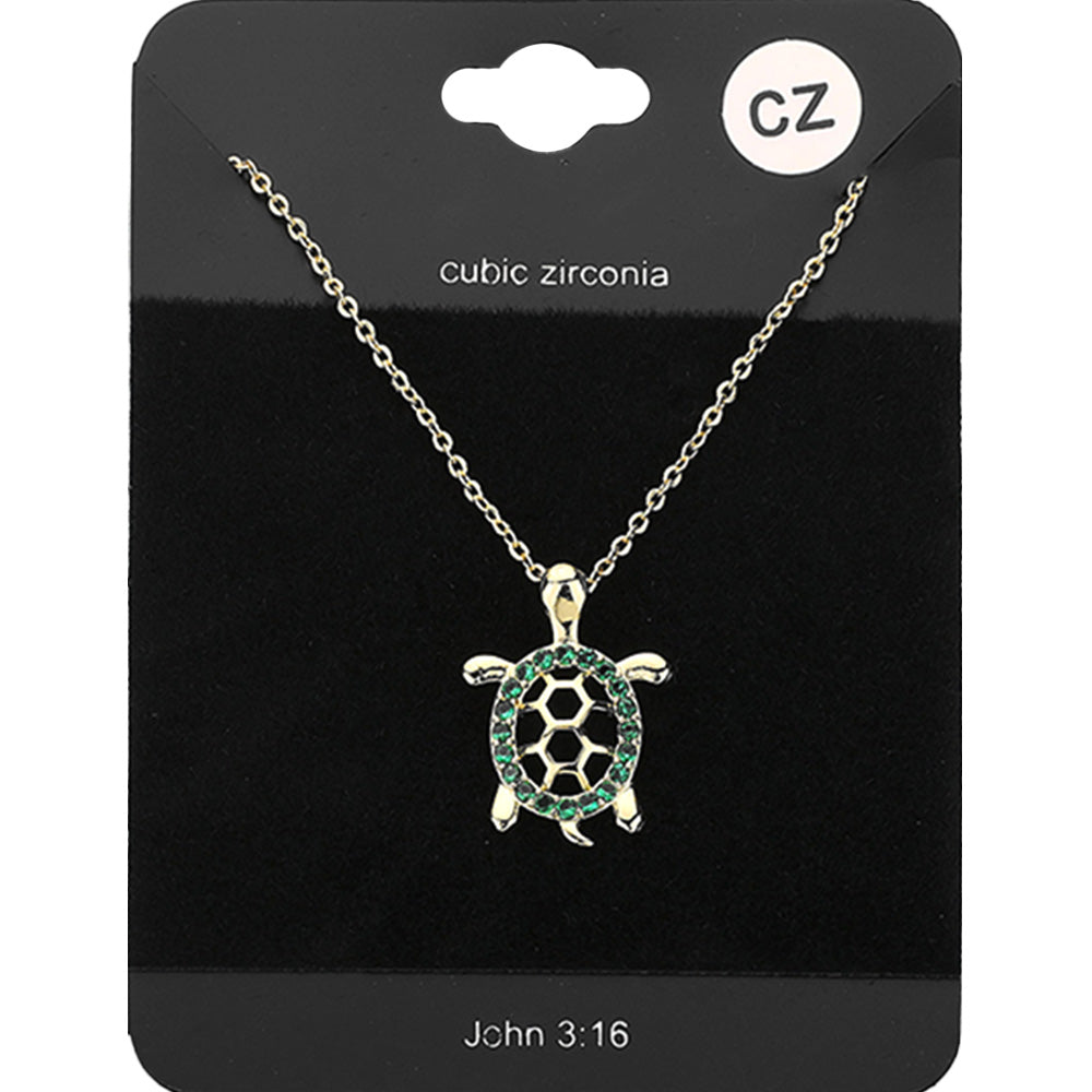 Madeline Love Emerald, Gold CZ Embellished Metal Turtle Pendant Necklace - Jewelry