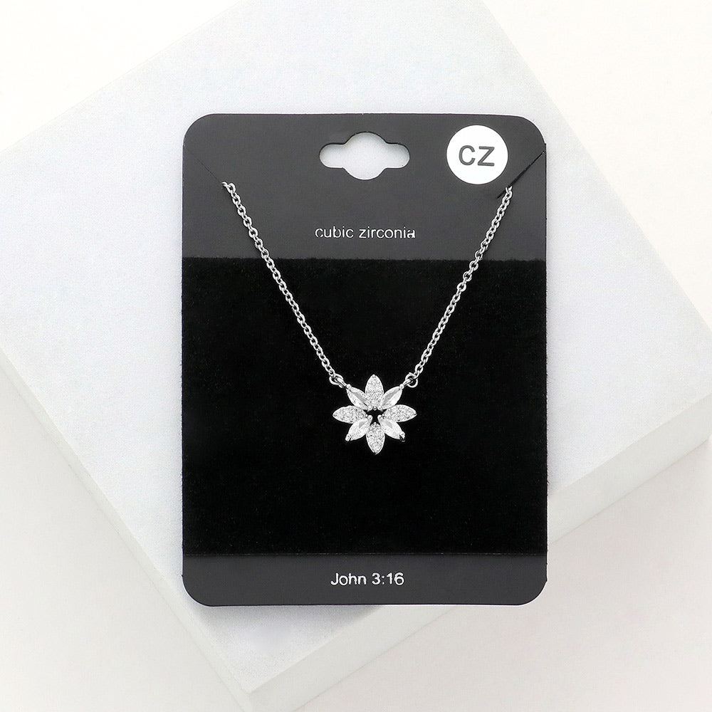 Madeline Love Rhodium CZ Flower Pendant Necklace - Jewelry