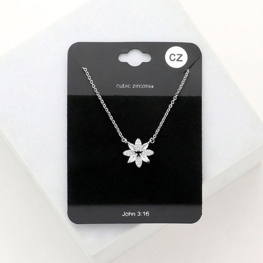 Madeline Love Rhodium CZ Flower Pendant Necklace - Jewelry