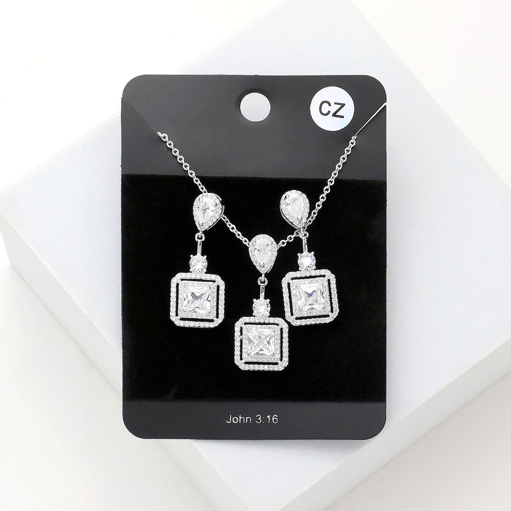 Madeline Love Rhodium CZ Teardrop Square Link Pendant Necklace - Jewelry
