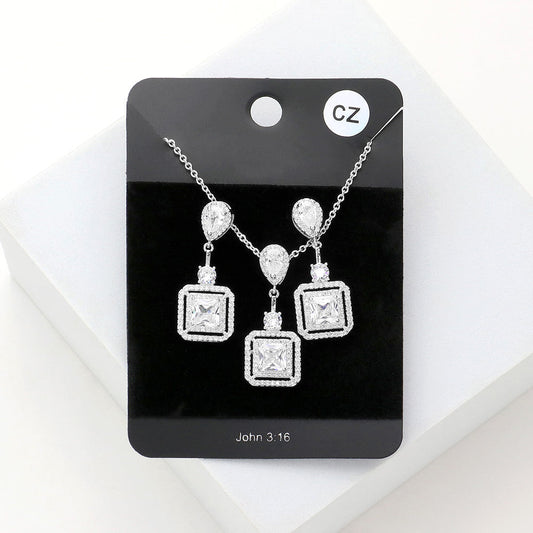 Madeline Love Rhodium CZ Teardrop Square Link Pendant Necklace - Jewelry