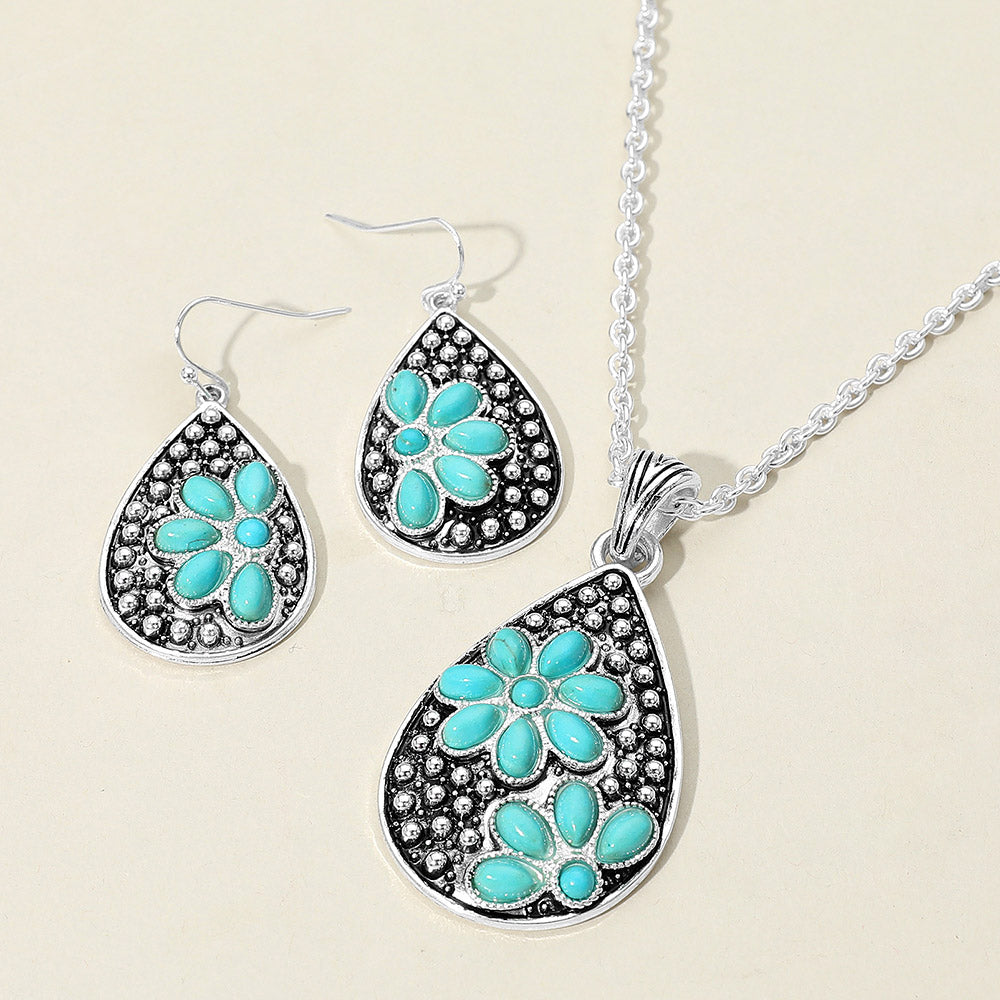 Madeline Love Silver Burnished, Turquoise Embossed Floral Pattern Textured Metal Teardrop Pendant Necklace - Jewelry