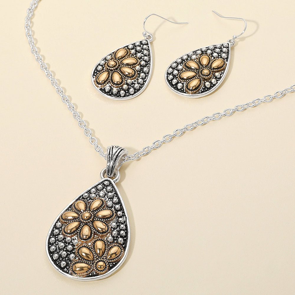 Madeline Love Silver Burnished, Two Tone Embossed Floral Pattern Textured Metal Teardrop Pendant Necklace - Jewelry