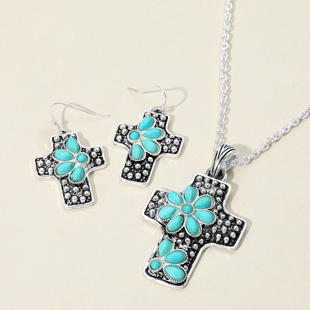 Madeline Love Silver Burnished, Turquoise Embossed Floral Pattern Textured Metal Cross Pendant Necklace - Jewelry
