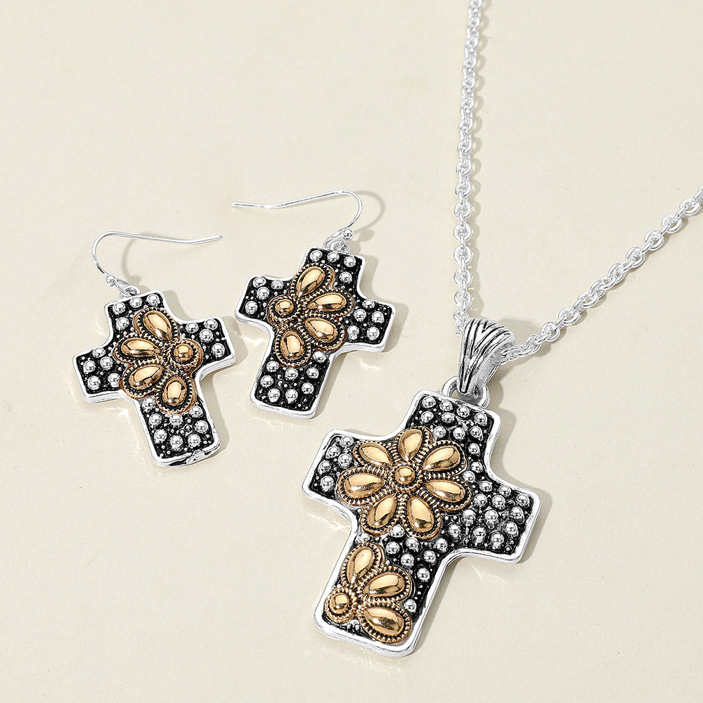 Madeline Love Silver Burnished, Two Tone Embossed Floral Pattern Textured Metal Cross Pendant Necklace - Jewelry