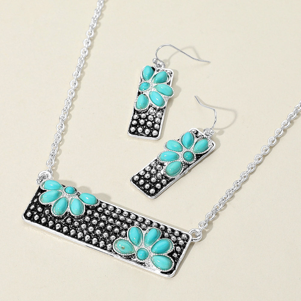 Madeline Love Silver Burnished, Turquoise Embossed Floral Pattern Textured Metal Bar Pendant Necklace - Jewelry