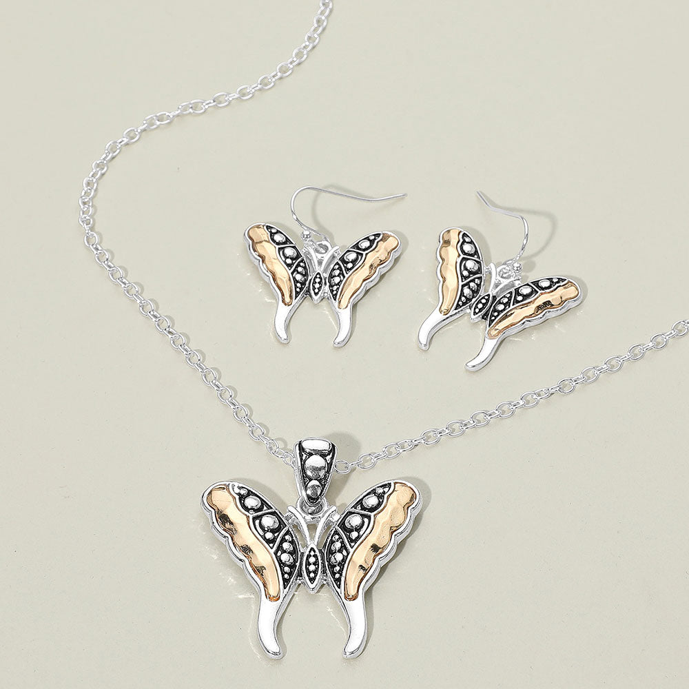 Madeline Love Two Tone Antique Metal Butterfly Pendant Necklace - Necklaces