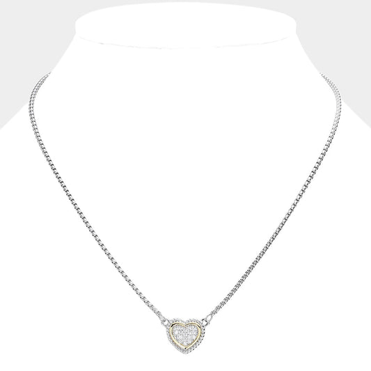 CZ Embellished Heart Pendant Necklace - Two Tone - Necklaces