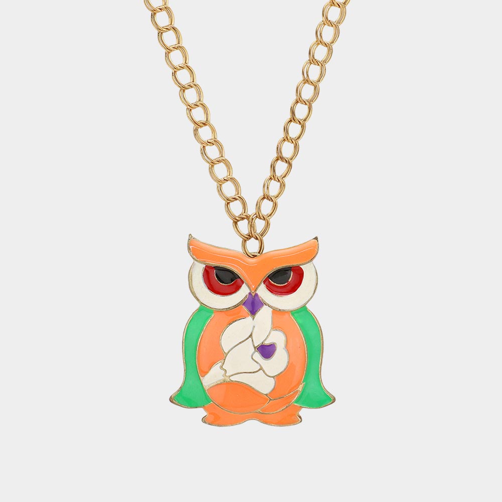 Madeline Love Gold, Green, Orange Enamel Owl Pendant Long necklace - Necklaces