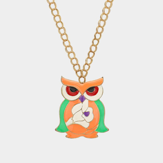Madeline Love Gold, Green, Orange Enamel Owl Pendant Long necklace - Necklaces