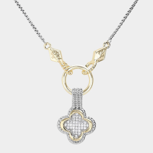 Madeline Love Two Tone 14K Gold Plated Two Tone CZ Stone Paved Quatrefoil Pendant Necklace - Jewelry