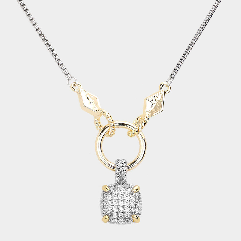 Madeline Love Two Tone 14K Gold Plated Two Tone CZ Stone Paved Square Pendant Necklace - Jewelry