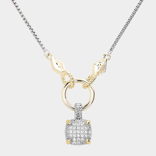 Madeline Love Two Tone 14K Gold Plated Two Tone CZ Stone Paved Square Pendant Necklace - Jewelry