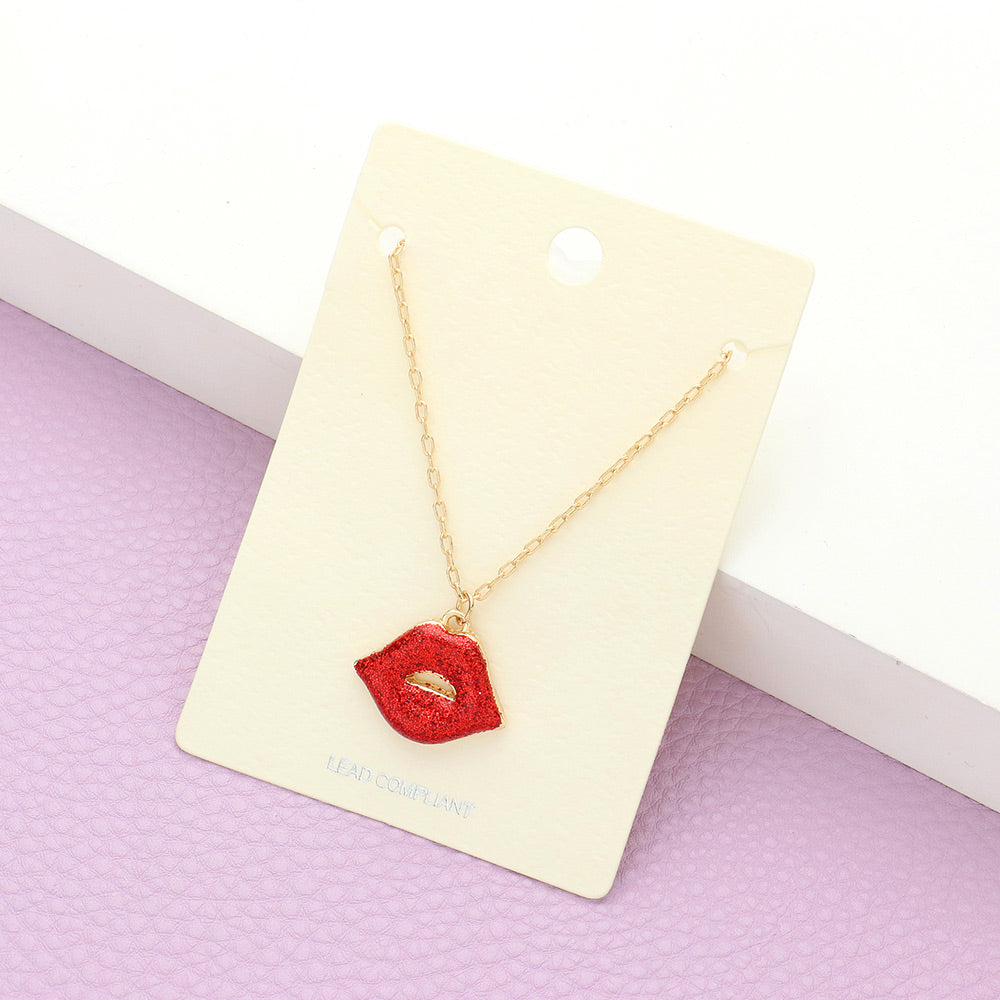 Glittered Lips Pendant Necklace