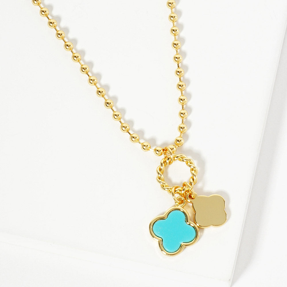 Madeline Love Gold, Turquoise Gold Dipped Double Quatrefoil Pendant Bubble Chain Necklace - Jewelry