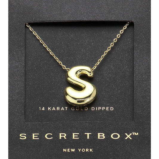 Madeline Love Gold SECRET BOX_ -S- 14K Gold Dipped Bubble Initial Monogram Pendant Necklace - Jewelry