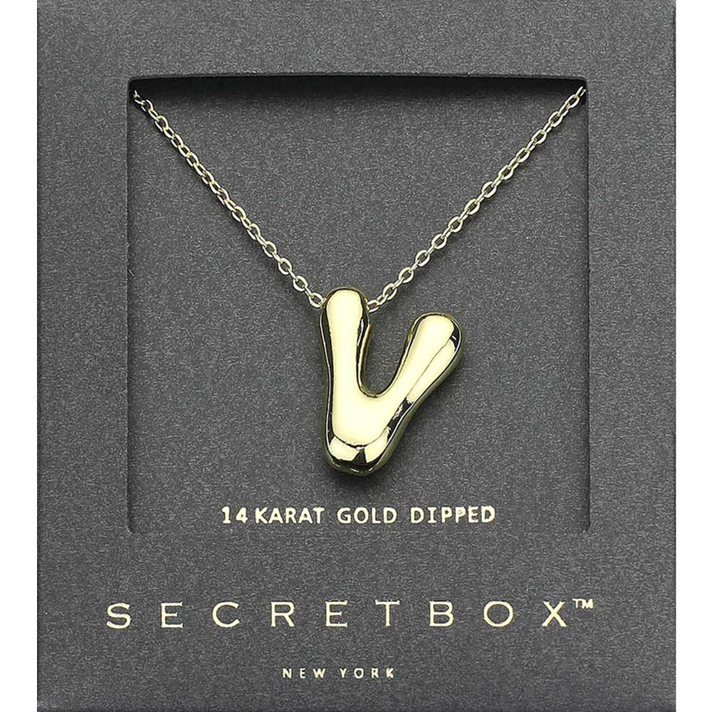 Madeline Love Gold SECRET BOX_ -V- 14K Gold Dipped Bubble Initial Monogram Pendant Necklace - Jewelry