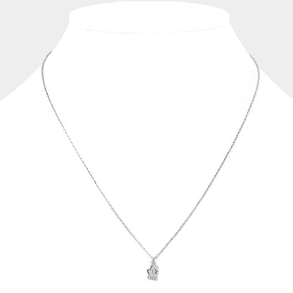 Clear Worn Silver, Rhinestone Center Brass Metal Glove Pendant Necklace
