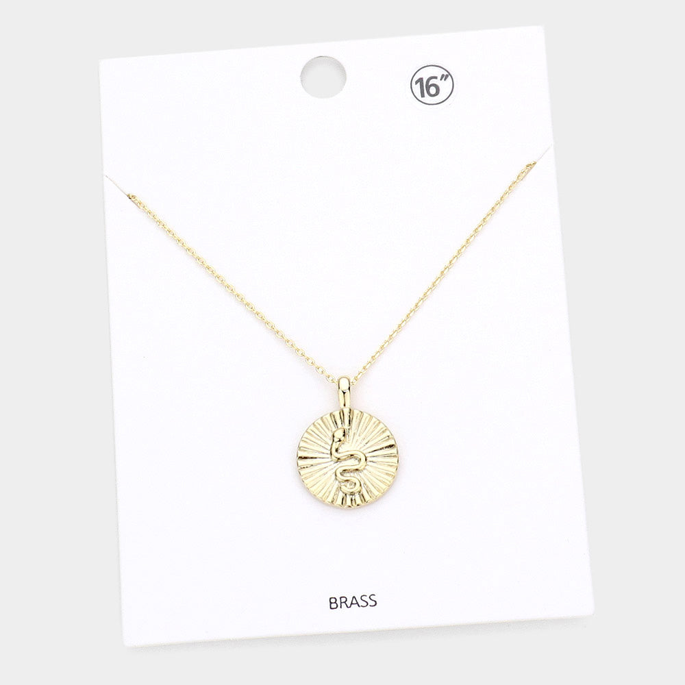 Madeline Love Gold Snake Accented Textured Brass Metal Round Pendant Necklace - Necklaces