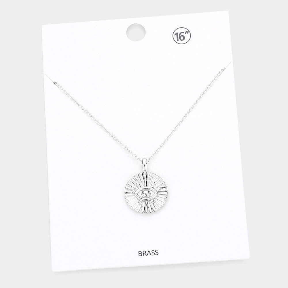 Madeline Love Rhodium Evil Eye Accented Textured Brass Metal Round Pendant Necklace - Necklaces