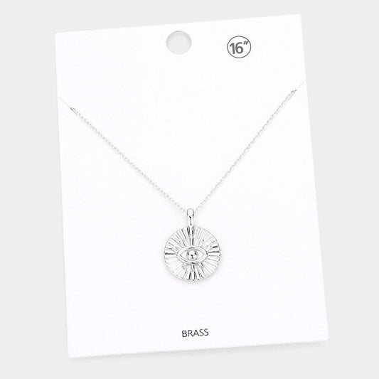 Madeline Love Rhodium Evil Eye Accented Textured Brass Metal Round Pendant Necklace - Necklaces